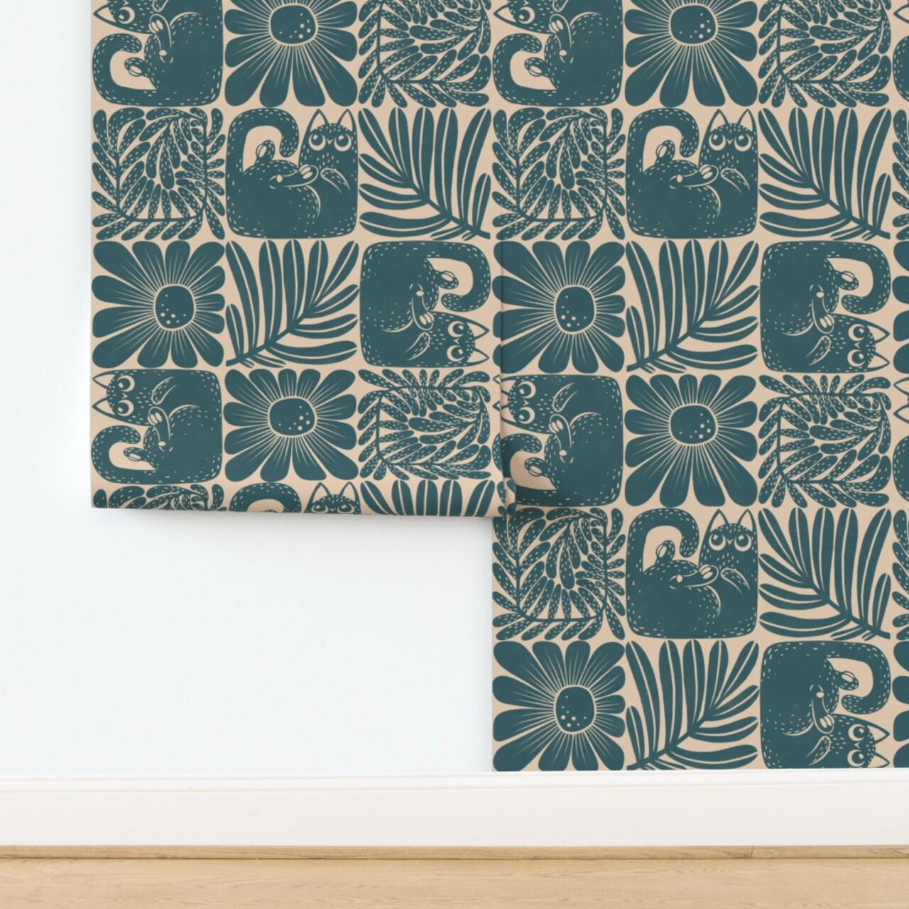 Teal Block Print Retro Petrol Floral Cat Cream Squares Modern Leaves Custom Pre-pasted Wallpaper by Spoonflower Pre-Pasted Wallpaper 2FT Wide